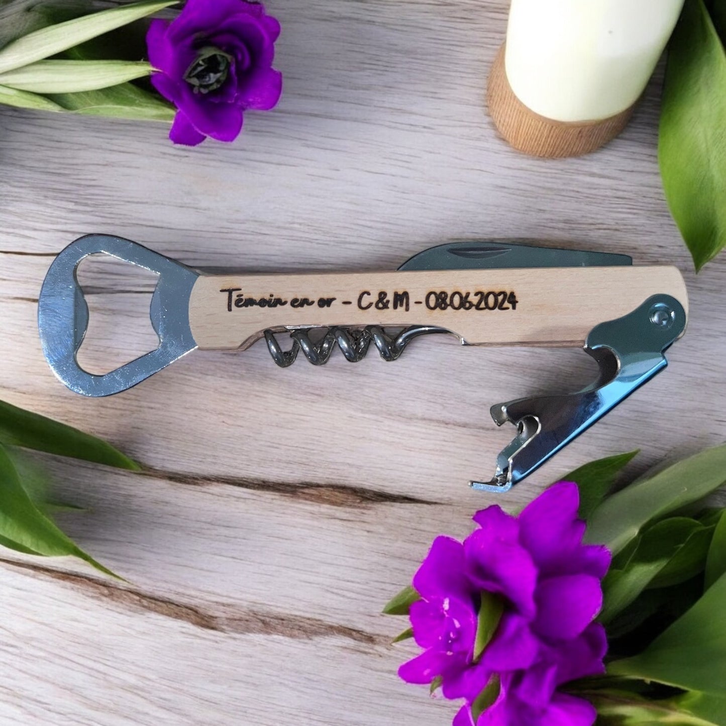 Limonadier gravé personnalisé / Ouvre bouteille couteau / Tire Bouchon / Décapsuleur / Cadeau Mariage, parrain, marraine, papy, mamie, papa, maman