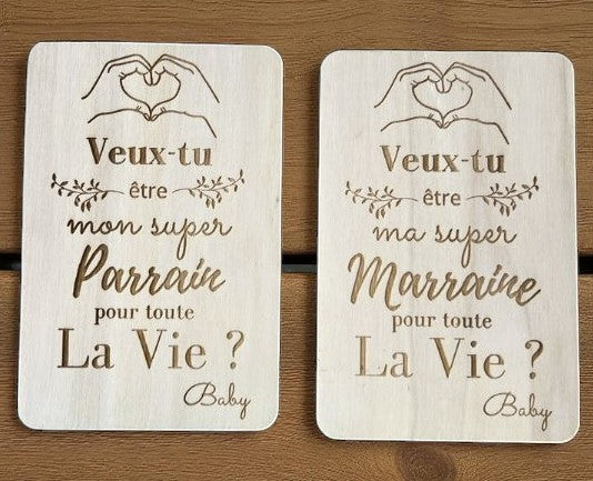 Aimant / magnet en bois annonce parrain / marraine