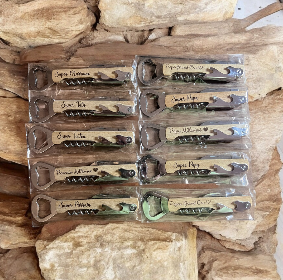 Limonadier gravé personnalisé / Ouvre bouteille couteau / Tire Bouchon / Décapsuleur / Cadeau Mariage, parrain, marraine, papy, mamie, papa, maman