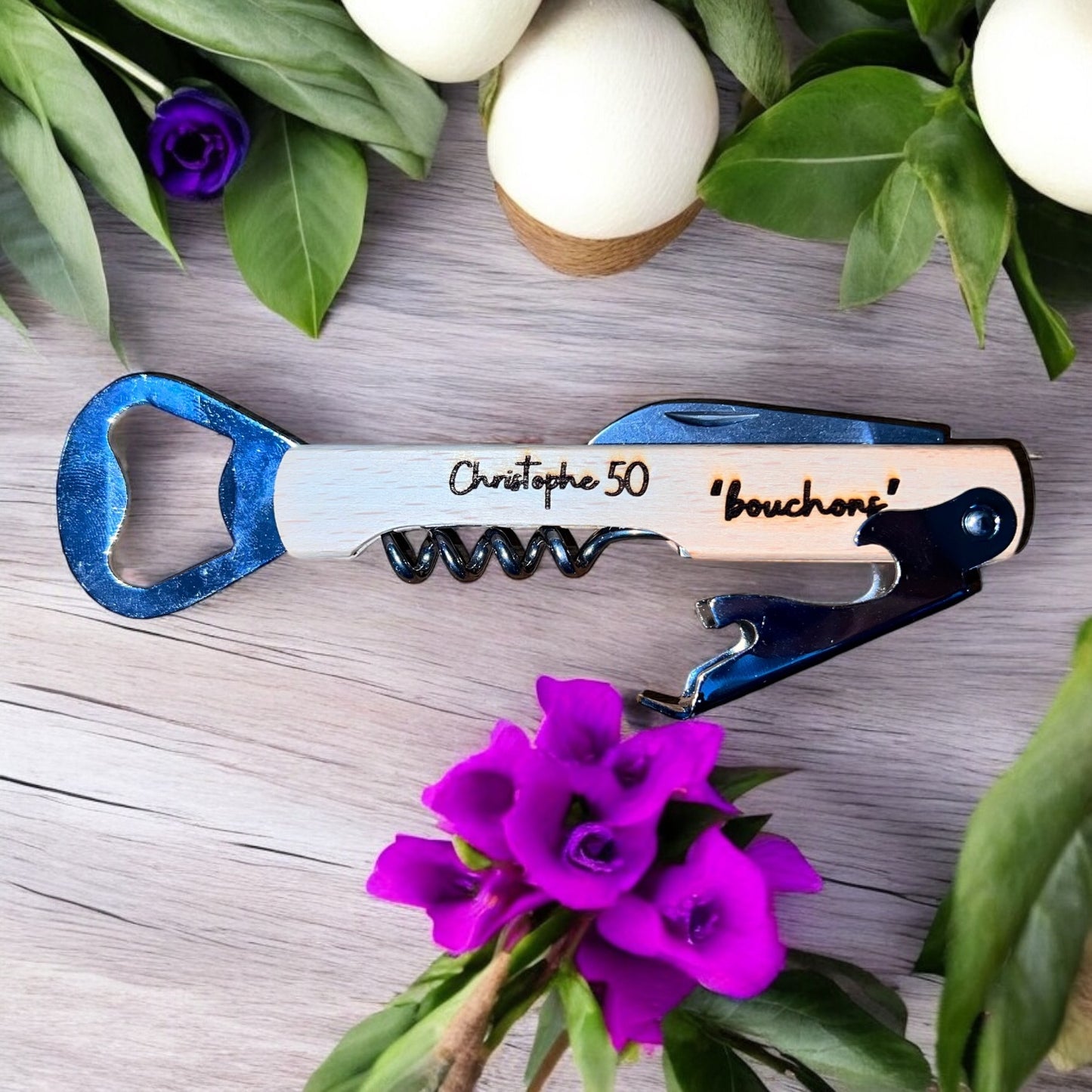 Limonadier gravé personnalisé / Ouvre bouteille couteau / Tire Bouchon / Décapsuleur / Cadeau Mariage, parrain, marraine, papy, mamie, papa, maman