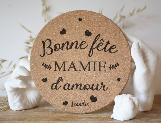 Dessous plat liège Bonne fête mamie, cadeau personnalisé original grand-mère, idée fête des grands mères, cadeau mamie, cadeau petit enfants