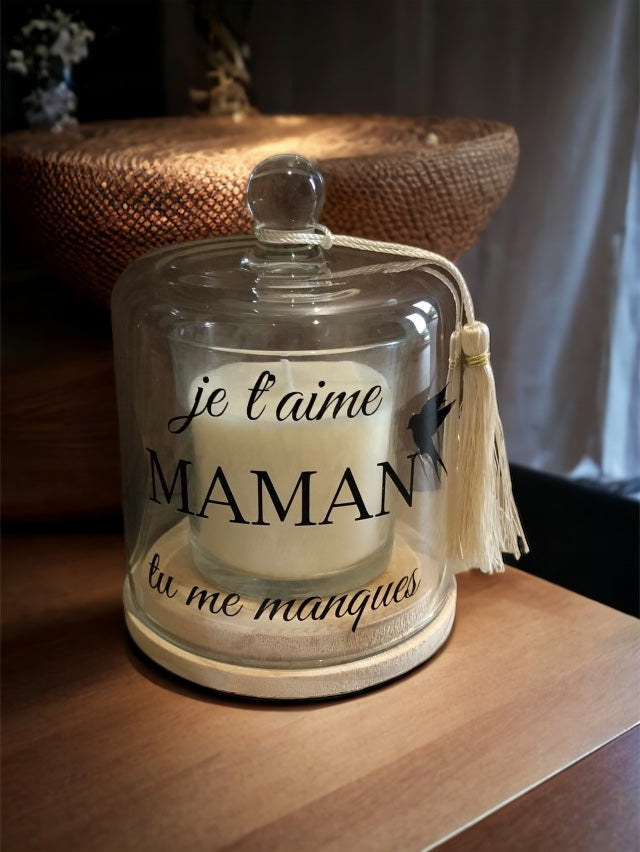 Bougie sous cloche en verre personnalisée, idée cadeau mamie, marraine ,maman, maîtresse, mariage