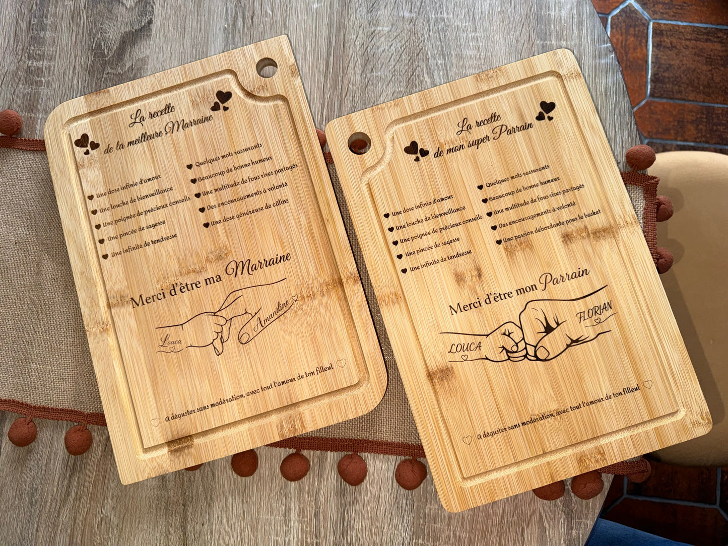 Lot de 2 planches gravées, idée cadeau parrain marraine,