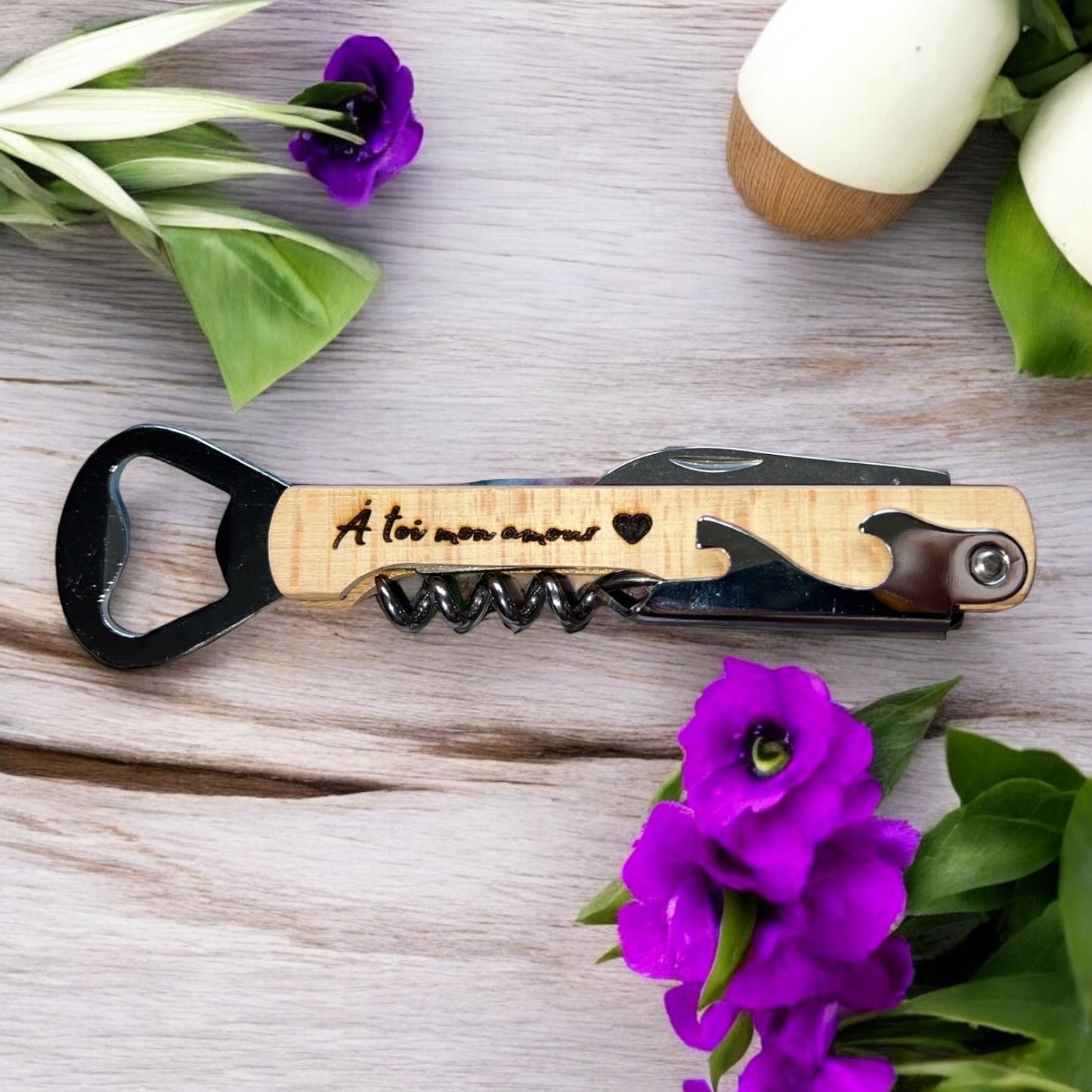 Limonadier gravé personnalisé / Ouvre bouteille couteau / Tire Bouchon / Décapsuleur / Cadeau Mariage, parrain, marraine, papy, mamie, papa, maman