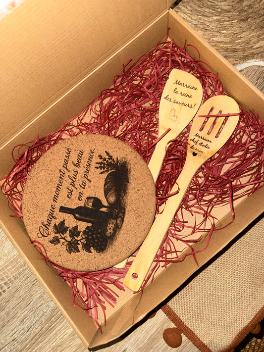 Coffret cadeau cuisine gravé sur bois, idée cadeau mamie, marraine, maman, tata