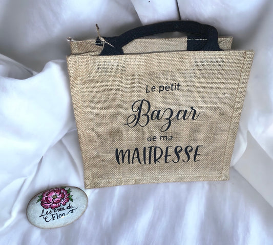 Sac en toile de jute maîtresse,ATSEM, nounou, crèche