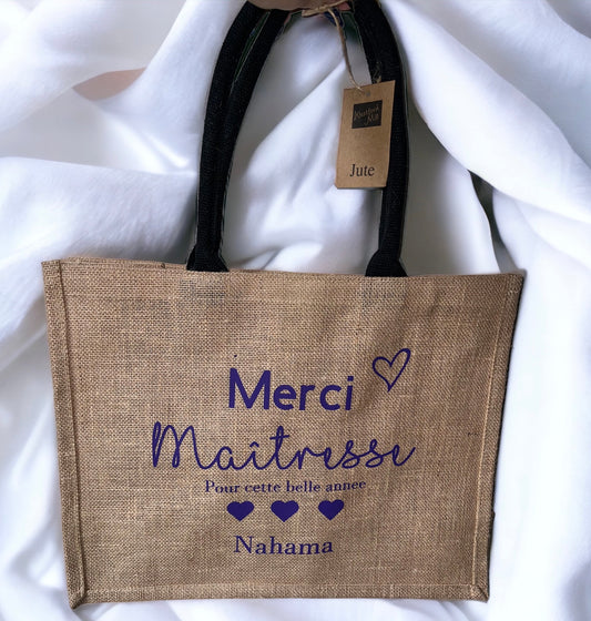 Sac en toile de jute maîtresse,ATSEM, nounou, crèche